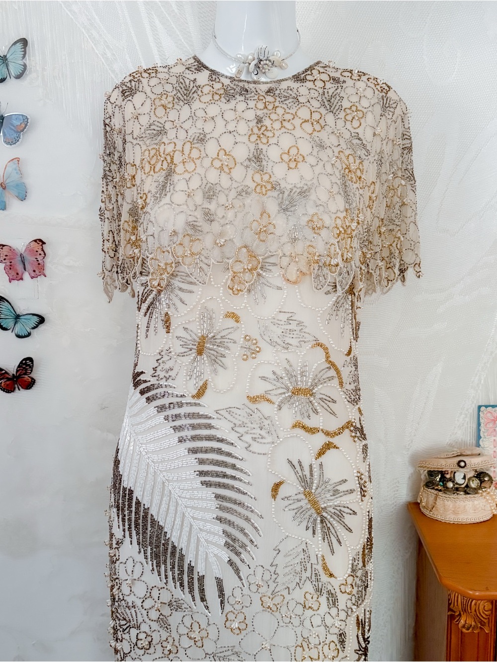 Vintage gatsby glam girly silk beaded maxi dress - Picture 2 of 8